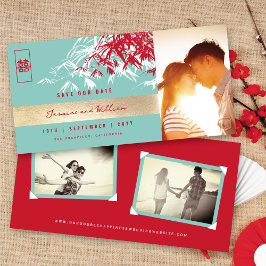 Red Blue Zen Bamboo Löv Photo Chinese Bröllop Spara Datumet