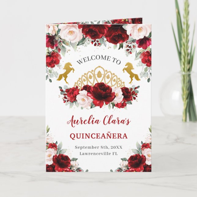 Red Blush Floral Horse Quinceañera Order of Events Program (Framsida)