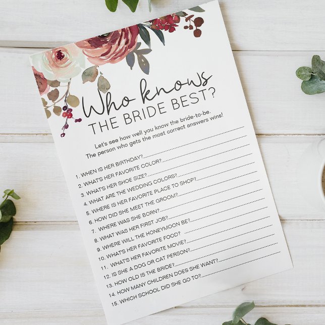 Red Blush Floral Roses Game Who Knows Bride Best Flygblad (Skapare uppladdad)