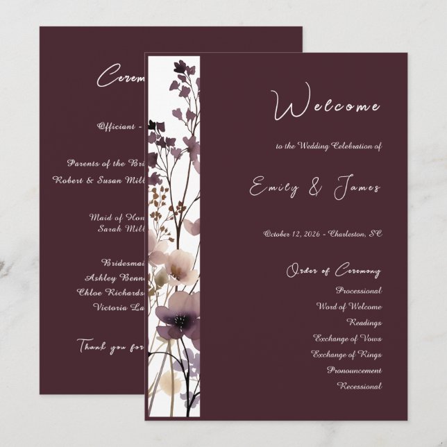Red Blush Floral Wedding Elegant Romantic Program (Fram/baksida)