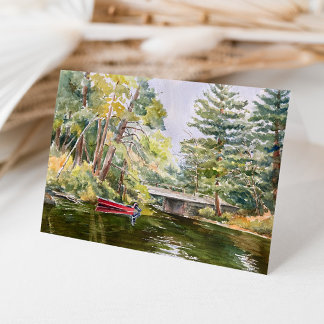Red Boat "Mountain Sjö" Watercolor liggande Tack Kort