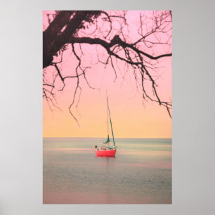 RED BOAT ON BEACH UNDER SUNSET POSTER