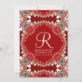 Red Bohemian Batik Monogram Bröllop 5X7 Inbjudningar