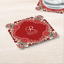 Red Bohemian Batik Monogram Bröllop Underlägg Papper