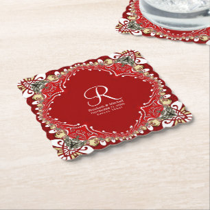 Red Bohemian Batik Monogram Bröllop Underlägg Papper