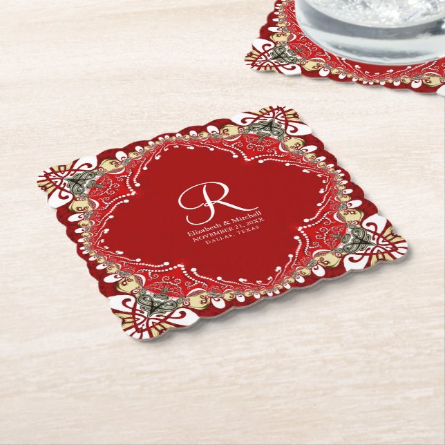 Red Bohemian Batik Monogram Bröllop Underlägg Papper (Vinklad)