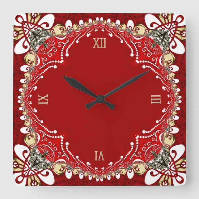 Red Bohemian Batik Wall Clock Fyrkantig Klocka (Framsida)