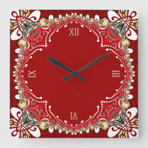 Red Bohemian Batik Wall Clock Fyrkantig Klocka
