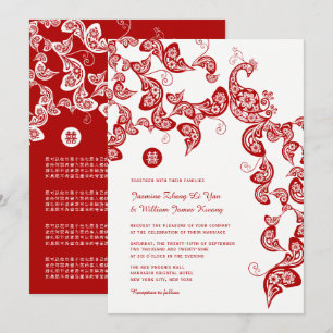 Red Boho Blommigt Peacock Elegant China Bröllop Inbjudningar
