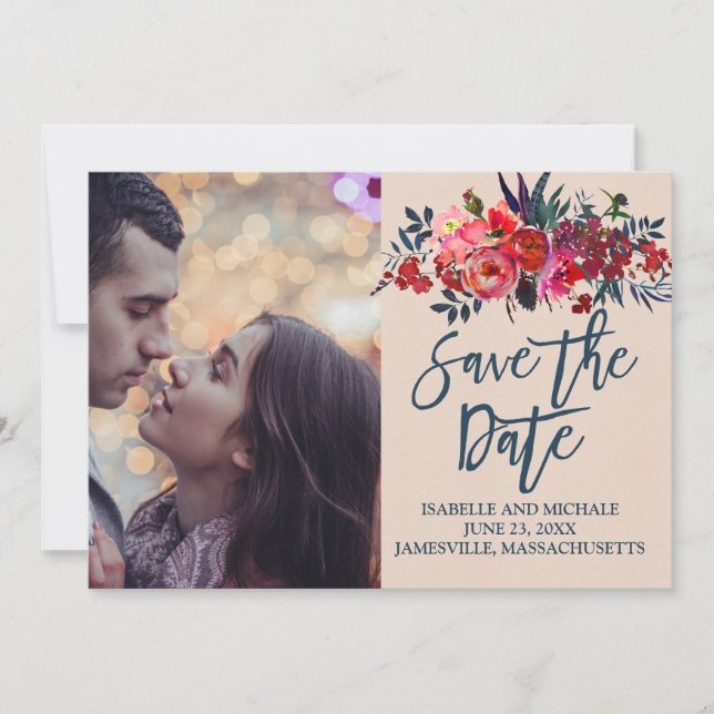 Red Boho Blommigt Photo Save Date Card Spara Datumet (Framsida)