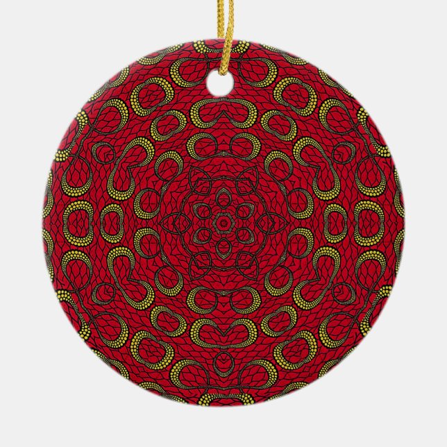 Red Boho Mandala Geometric Rosette Retro Hippie Julgransprydnad Keramik (Framsidan)