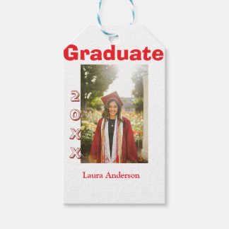 Red bold photo graduation add name class text presentetikett
