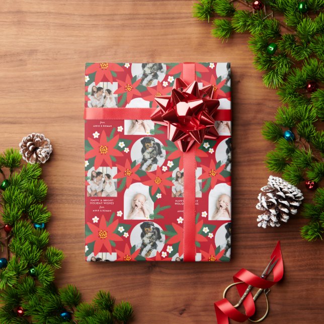 Red Bold Poinsettia Tre Photo Jul Helgdag Presentpapper (Julgåva)