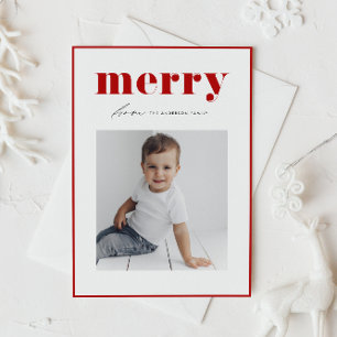 Red Bold Retro Merry Typography Photo jul Helg Vykort