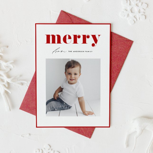 Red Bold Retro Merry Typography Photo jul Helgkort (Celebrate the holidays with this stylish photo card featuring bold red "merry" retro lettering.)