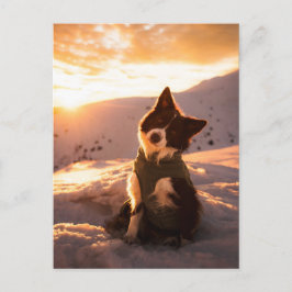 Red Border Collie in Snowy Mountains at Sunset Vykort