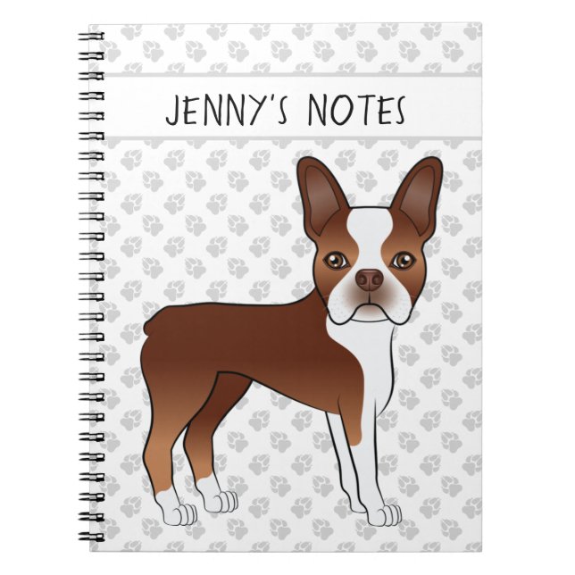 Red Boston Terrier Cute Tecknad hund & Anpassnings Anteckningsbok (Framsidan)