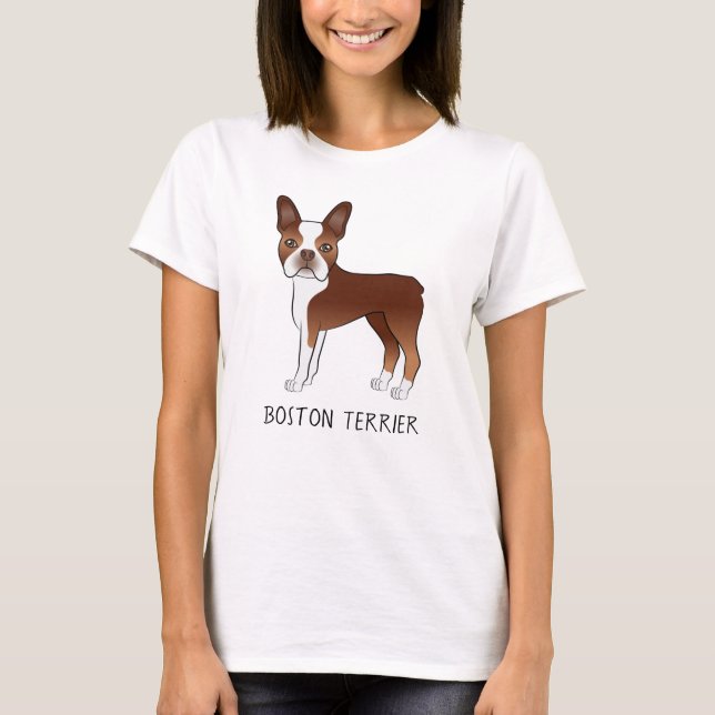 Red Boston Terrier Cute Tecknad hund & Anpassnings T Shirt (Framsida)