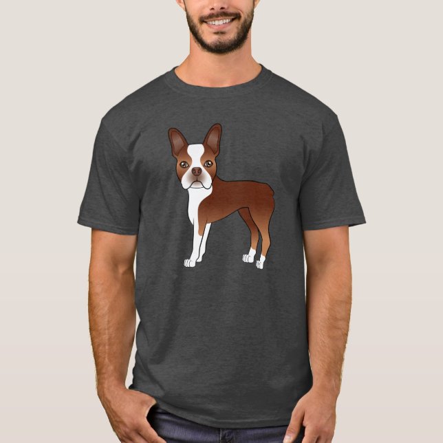 Red Boston Terrier Cute Tecknad hund Illustration T Shirt (Framsida)