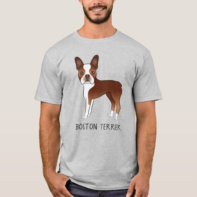 Red Boston Terrier Cute Tecknad hund och din text T Shirt (Framsida)