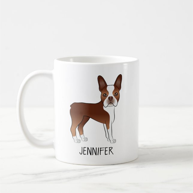 Red Boston Terrier Cute Tecknad hund och eget namn Kaffemugg (Vänster)