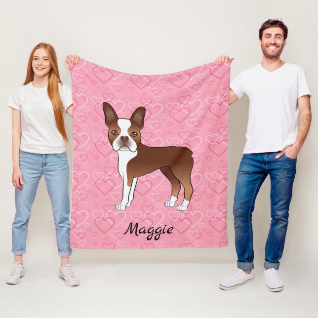 Red Boston Terrier Hund på Rosa Hearts och Namn Fleecefilt (På plats)