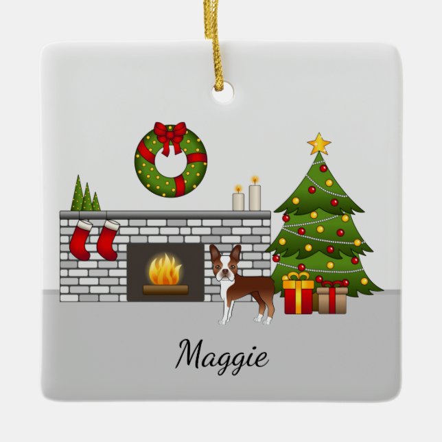 Red Boston Terrier i ett julrum Julgransprydnad Keramik (Framsida)