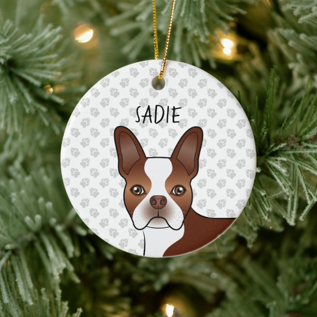 Red Boston Terrier Tecknad hund Head & Custom Name Julgransprydnad Keramik (Träd)