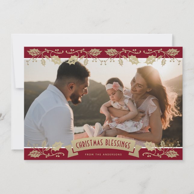Red Botanical Photo Christmas Blessings Christian Julkort (Framsida)