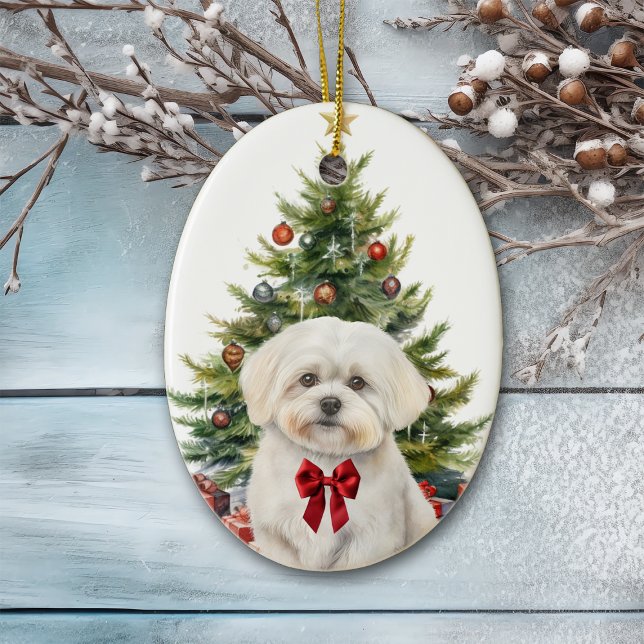 Red Bow Adreatese Maltese Hund jul Julgransprydnad Keramik (Skapare uppladdad)