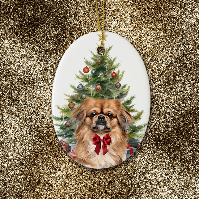 Red Bow Adsible Pekingese Hund jul Julgransprydnad Keramik (Skapare uppladdad)