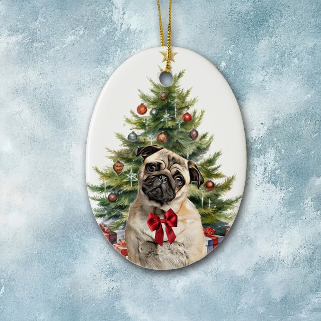 Red Bow Adsible Pug Hund jul Julgransprydnad Keramik (Skapare uppladdad)