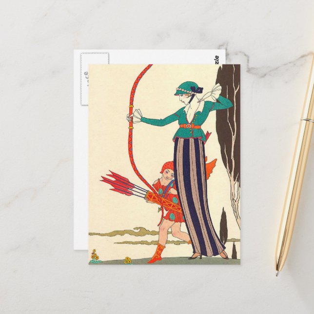 Red Bow Amusement av George Barbier Vykort (Fram/Back In Situ)