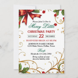 Red Bow and Ornate Gold Border Christmas Party Inbjudningar