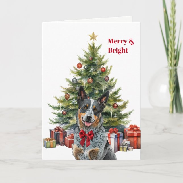 Red Bow Australian Cattle Dog Christmas Tree Card Helgkort (Framsida)