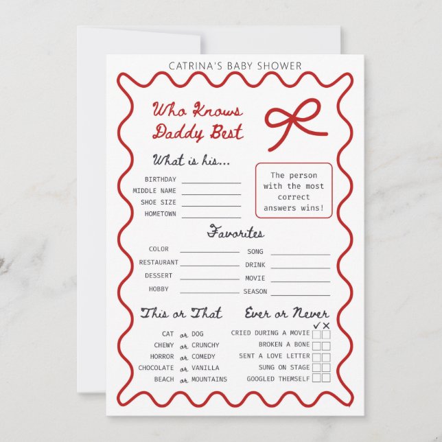 Red Bow Baby Shower - Editable Namn, inbjudan fem  (Framsida)