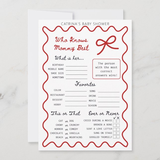 Red Bow Baby Shower - Editable Namn, inbjudan fem  (Framsida)