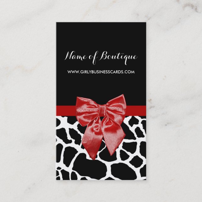 Red Bow Black and Whtie Giraffe Boutique Visitkort (Framsida)