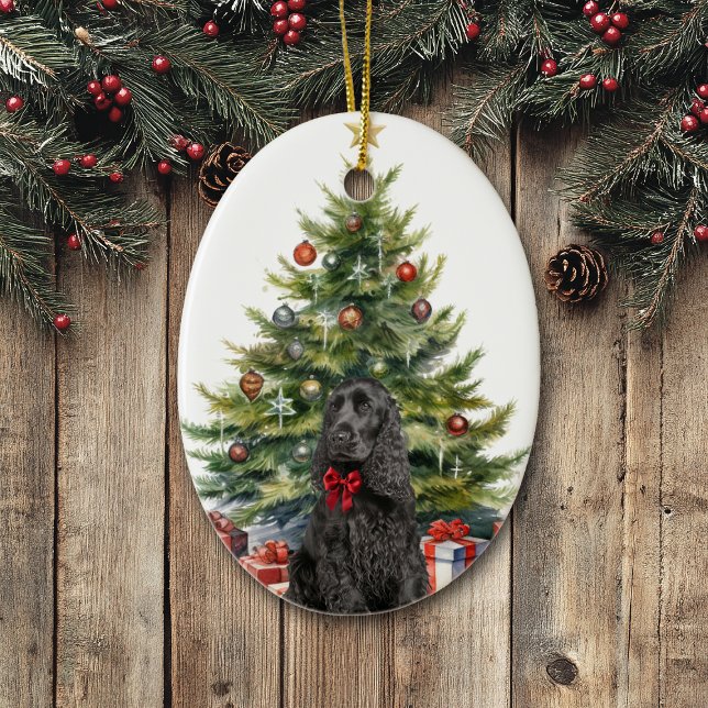 Red Bow Black Cocker Spain Hund Julgransprydnad Keramik (Skapare uppladdad)