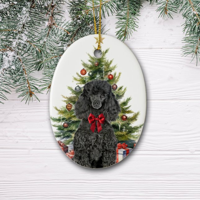 Red Bow Black Standard Pudel Hund jul - jul Julgransprydnad Keramik (Skapare uppladdad)