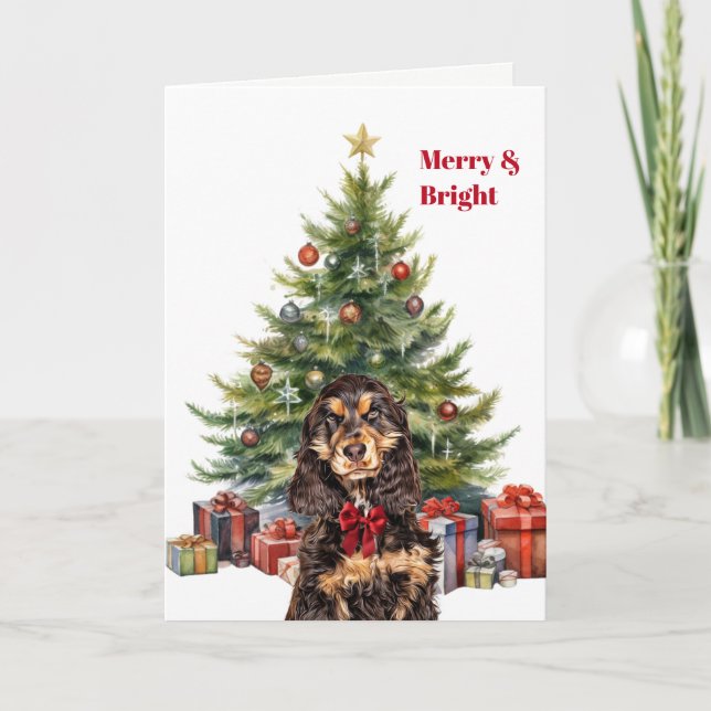 Red Bow Black Tan Cocker Spaniel Christmas Tree Helgkort (Framsida)