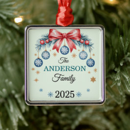 Red Bow Blue Ornaments Family Name 2025 Christmas Julgransprydnad Metall