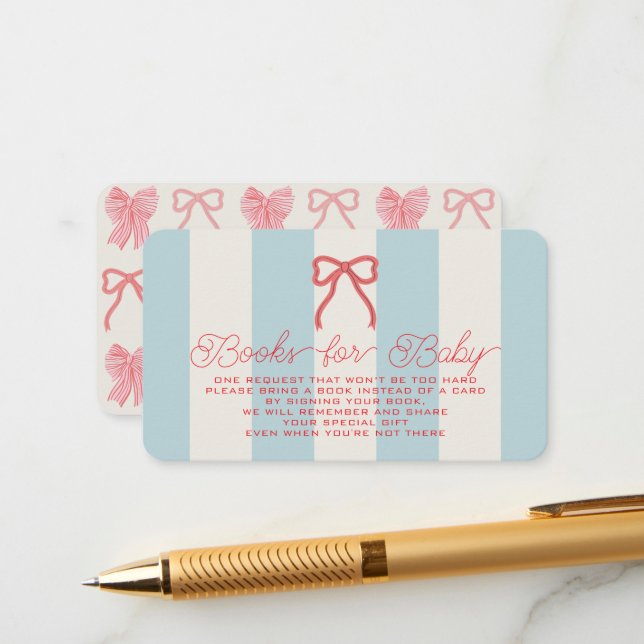 Red Bow & Blue Stripes Baby Shower Book Request Tilläggskort (Fram/Back In Situ)