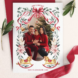 Red Bow Botanical jul Rocking Horse Photo Julkort