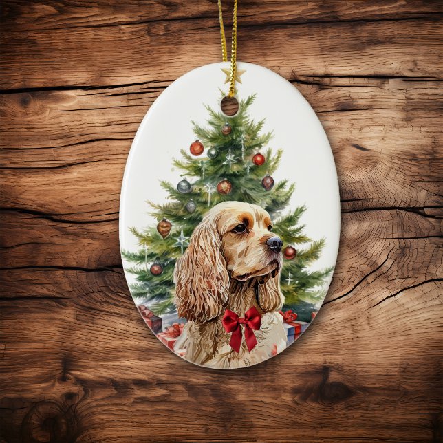 Red Bow Buff Blonde Cocker Spaniel Dog Julgransprydnad Keramik (Skapare uppladdad)