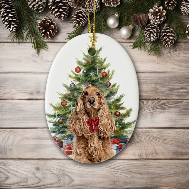 Red Bow Buff Cocker Spain Hund jul Julgransprydnad Keramik (Skapare uppladdad)