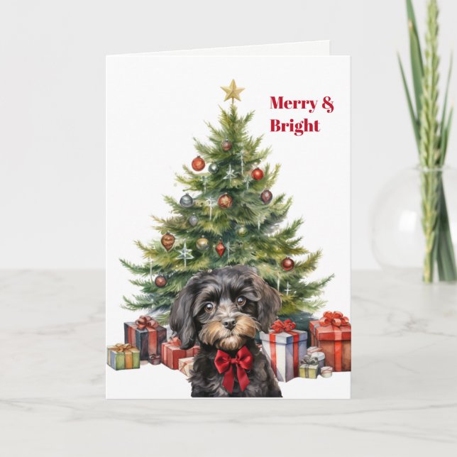 Red Bow Cavapoo Dog Christmas Tree Card Helgkort (Framsida)