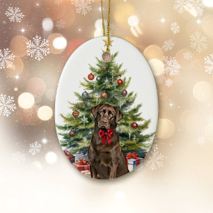 Red Bow Chocolate Labrador Retriever jul Julgransprydnad Keramik