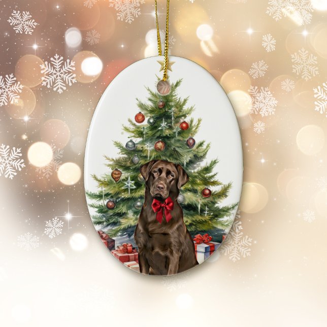Red Bow Chocolate Labrador Retriever jul Julgransprydnad Keramik (Skapare uppladdad)