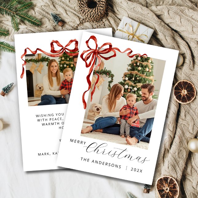 Red Bow Christmas Photo Julkort (Red bow christmas photo card)